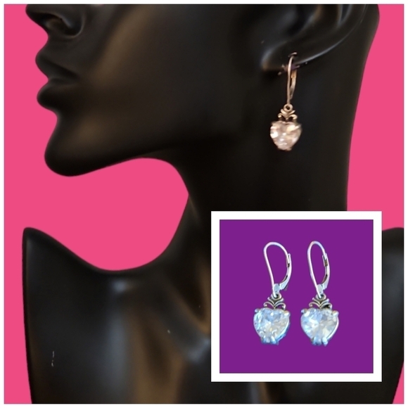 Sterling Silver Swarovski Crystal Heart Leverback Dangle Earrings - Picture 1 of 7